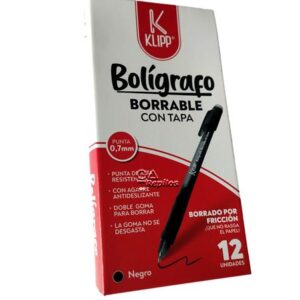Caja Bolígrafos Borrables Klipp negro 0.7 mm 12 Unidades con Tapa y Agarre Antideslizante